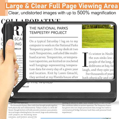 5X Full Page Magnifying Glass for Reading, Lightweight Rectangular Magnifier Provides Large Book Page Viewing Area, Upgraded Handheld Magnifier for Reading Small Prints for Seniors, Low Vision