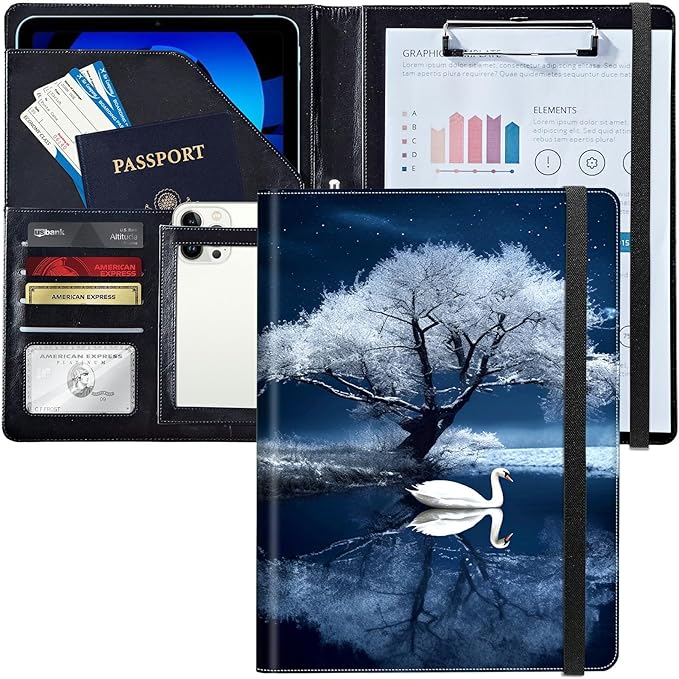 PU Leather Padfolio Folder Clipboard Portfolios Organizer Conference Document Organizer with Business Card Holder Storage Clipboard Writing Pad,Swan and Tree
