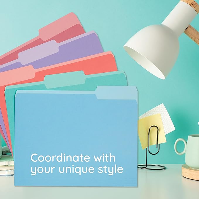 100 Blue Summit Supplies Colored File Folders, 1/3 Cut, Letter Size File Folders, Decorative Multicolor Gem Tone Colors, Durable 11pt Paper, Two-Tone Design