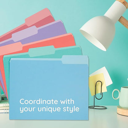 100 Blue Summit Supplies Colored File Folders, 1/3 Cut, Letter Size File Folders, Decorative Multicolor Gem Tone Colors, Durable 11pt Paper, Two-Tone Design