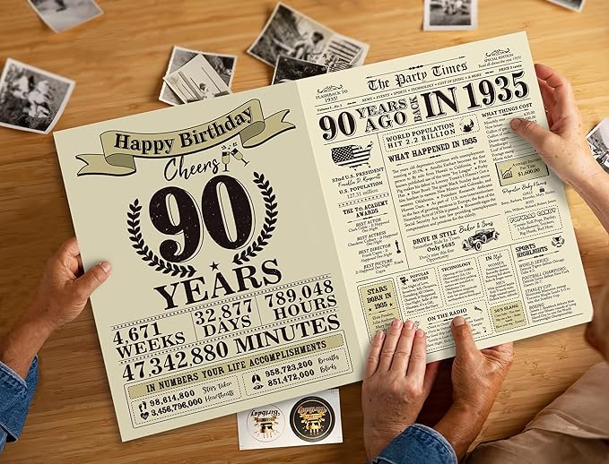 Ogeby Funny 90th Birthday Gifts Ideas for Women Men, Jumbo 90th Birthday Card for Grandma Dad Mom, Gifts for 90 Year Old Woman Man, Vintage Back in 1935 Birthday Card, 90th Birthday Decorations