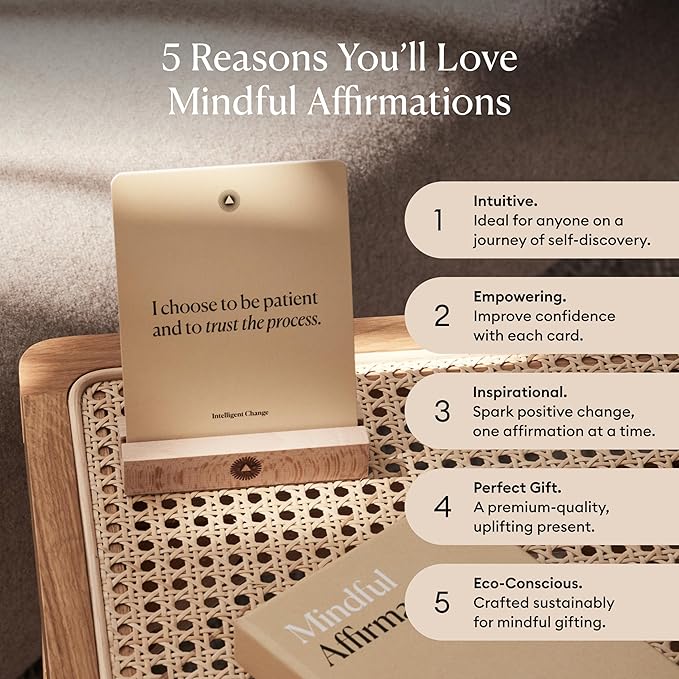 Intelligent Change Mindful Affirmations, 52 Positive Affirmation Cards for Women with Display Stand, Daily Affirmations for Inspiration, Mindfulness & Self Care, Unique Gifts for Women and Men