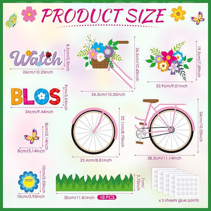 Kosiz Spring Bicycle Bulletin Board Decorations Set Flower Butterfly Bike Paper Cutouts Watch Us Blossom Bloom Classroom Decorations with Green Borders for School Chalkboard Wall Door Home