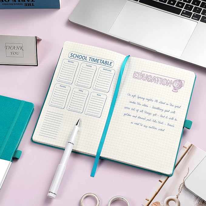 Graph Grid Paper Notebook/Journal - Classic Journal/Notebook with Ribbon Divider, Hardcover with Thick Paper, 5.3" x 8.26", Banded + Pen Holder +Inner Pocket - Cyan