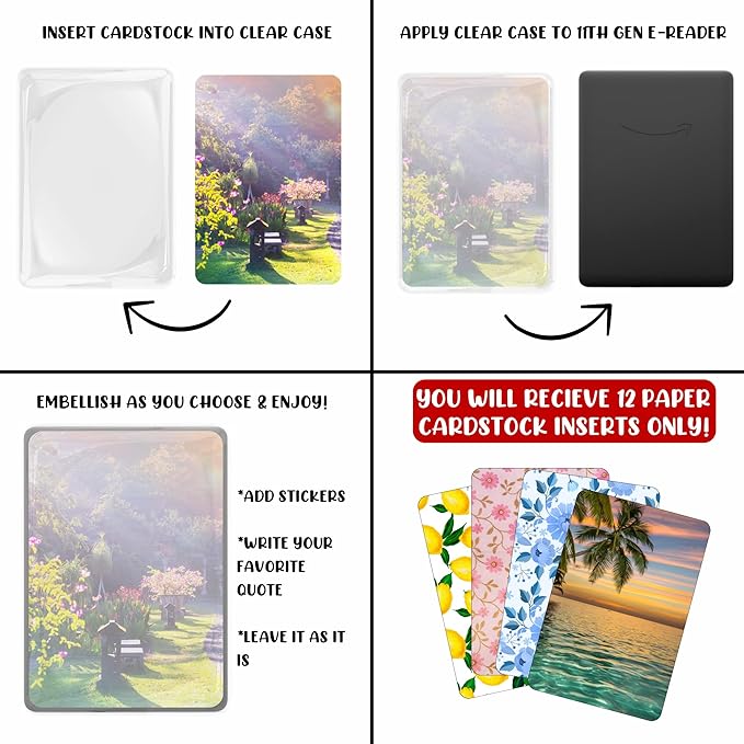 E-reader Cardstock Paper Inserts for Clear Case | 12 pk 4.88 x 6.73” inches Paper White 11th Generation 6.8" Screen Compatible Put Behind Case Colorful Floral Designs Change Out (1857 Design Mix 3)
