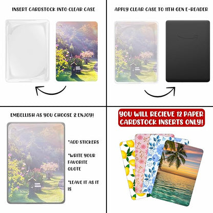 E-reader Cardstock Paper Inserts for Clear Case | 12 pk 4.88 x 6.73” inches Paper White 11th Generation 6.8" Screen Compatible Put Behind Case Colorful Floral Designs Change Out (1857 Design Mix 3)