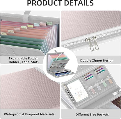 Fireproof Accordion File Organizer, Portable Expanding File Folder with Waterproof Zipper&Labels, Gray Document Organizer with 13 Pockets, File Organizer for Important Document/Paper Storage