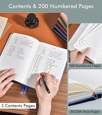 Lined Journal Notebook for Men Women, 200 Numbered Pages Leather Hardcover Journal with Pen, A5 Journaling Notebooks, Thick Paper College Ruled Journals for Writing Work 5.75'' X 8.38'' Navy Blue