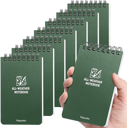 POPYOLA 8 Pack Waterproof Pocket Notebook, 3x5 Pocket Notepad, All Weather Mini Spiral Notepad, Write in the Rain Police Notepad with 100 Squared Pages for Outdoor Home Office School, Green