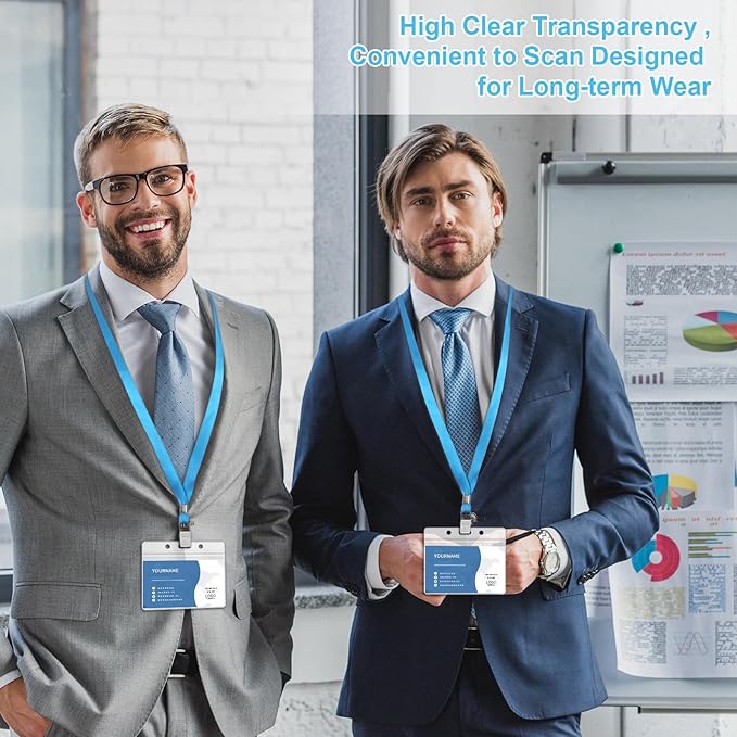 100 Pcs Lanyards for ID Badges and 100 Pcs Clear Name Tag Holders Reusable Lanyard with Clip Plastic ID Card Badge Holder Name Badges for Adults Kids Business School Office Supplies (Light Blue)