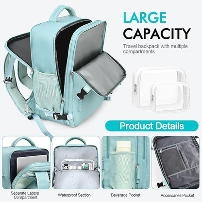 Travel Backpack for Men Women, TSA Friendly Carry-on Backpack Luggage Airline Approved, Personal Item Backpack Bag, Backpack for Traveling, Blue-Green