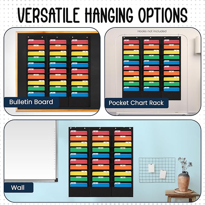 30 Pocket File Pocket Chart, Black, 42" Wide x 47" Tall - Versatile Wall Hanging File Folder Organizer for Classroom, Office, Home, and More - Wall Folder Organizer - 30 Pockets