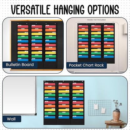 30 Pocket File Pocket Chart, Black, 42" Wide x 47" Tall - Versatile Wall Hanging File Folder Organizer for Classroom, Office, Home, and More - Wall Folder Organizer - 30 Pockets