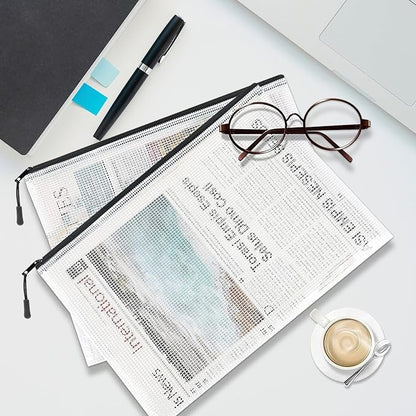 24pcs Mesh Zipper Pouches, A3 Size Waterproof Black Zipper Bags, Water-Resistant Plastic Zipper Pouch for School Office Supplies, Puzzles & Games Organizing Storage