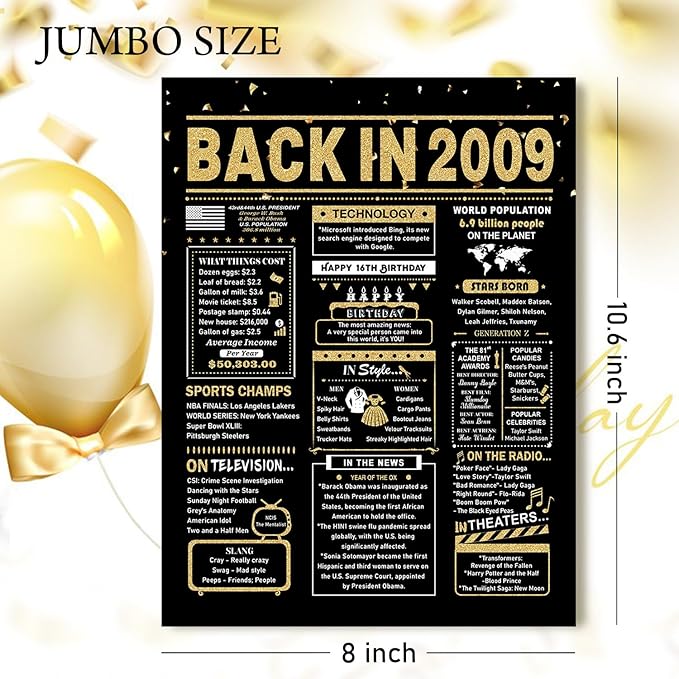 16th Birthday Card, 16th Birthday Decorations for Girls Boys, 16th Birthday Gifts for Son Daughter, Back in 2009 Birthday Card, Black Gold