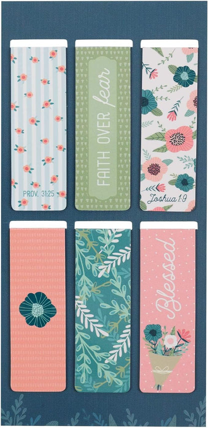 Christian Art Gifts Magnetic Scripture Bookmark Set for Women with Beloved Faith Favorites - Inspirational Floral Garden Magnetic Bible Verse Pagemarker Set of 6 for Bibles and Books, Size 2.3” x 0.8”