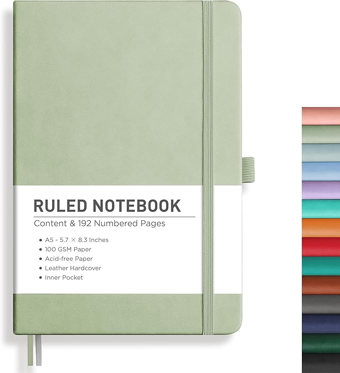 RETTACY Journaling Notebooks, A5 Lined Journal Notebook with 192 Numbered Pages, 5.7'' × 8.3'' Medium Size, for Writing, Work, Office, Leather Hardcover, 100 GSM Thick Paper (Light Green)