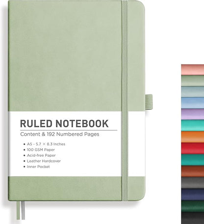 RETTACY Journaling Notebooks, A5 Lined Journal Notebook with 192 Numbered Pages, 5.7'' × 8.3'' Medium Size, for Writing, Work, Office, Leather Hardcover, 100 GSM Thick Paper (Light Green)