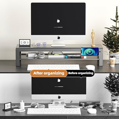 2-Tier Metal Computer monitor stand Laptop Desk Shelf & Monitor Riser ，27.55 inches long desk riser ,22W charging power, 2 USB 3.0 ports, and 1 USB 2.0 port Monitors/PC/Laptop/Computer Space Saver Organizer(USB Hub Fast Charging Version, Two-layer 700mm)