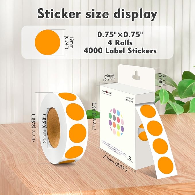PARLAIM 3/4 Inch Roll Color Coding Labels,4000 per/4 Rolls Round Adhesive Color Coding Circle Dot Stickers for Office Home(Orange)