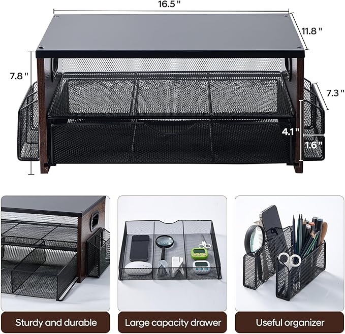 Printer Stand,Desktop Printer Stand with 2-Tier Storage Shelves for Home Office，Desk Organizer with Drawer and 2 Pen Holders for Fax Machine Scanner Files