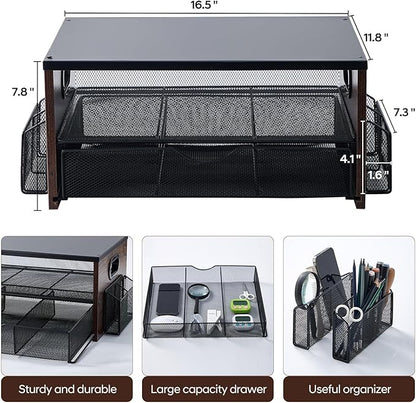 Printer Stand,Desktop Printer Stand with 2-Tier Storage Shelves for Home Office，Desk Organizer with Drawer and 2 Pen Holders for Fax Machine Scanner Files