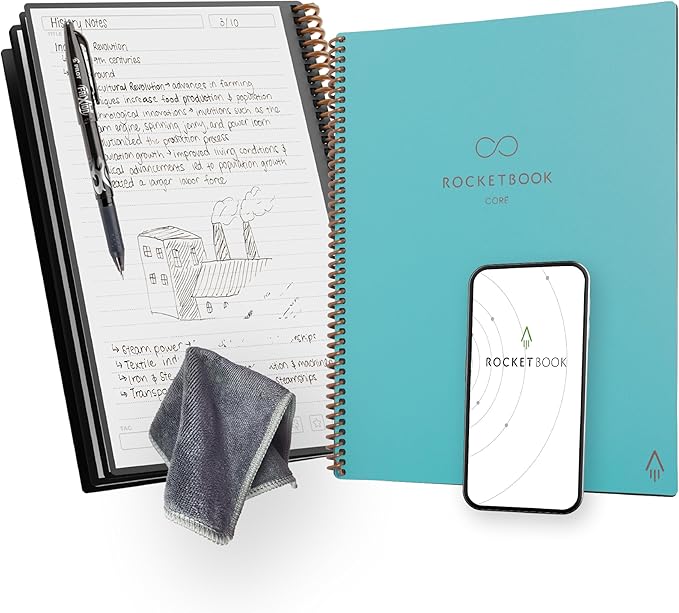 Rocketbook New Core Reusable Spiral Notebook, Letter Size 8.5x11, Teal - Lined Pages, App-Connected, Erasable, Durable Cover, Ideal for School, Work, and Creative Projects (Pack of 1)