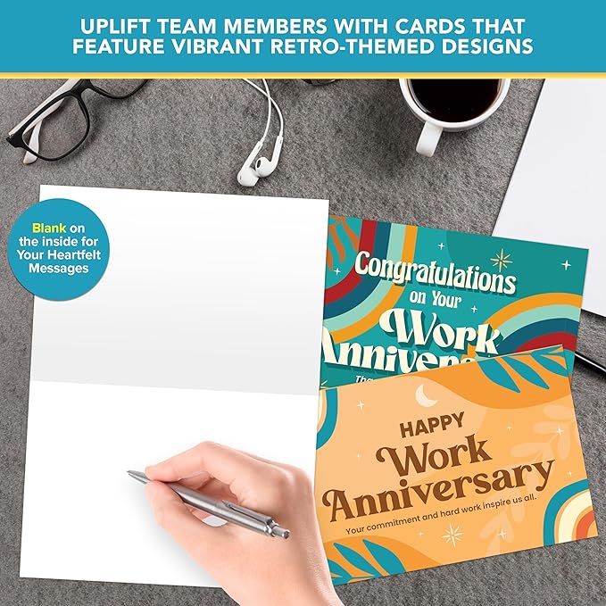 Decorably 50 Pack 6x4in Happy Work Anniversary Cards with Envelopes and Stickers, 10 Retro Designs Work Anniversary Cards for Employees, Blank Inside