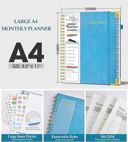 2026 Planner, Weekly and Monthly Calendar Planner from January 2026 - December 2026, 8.5" x 11" Hardcover Leather Hourly Appointment Book with Tabs, Spiral Daily Planners for College School Work Home, Sky Blue