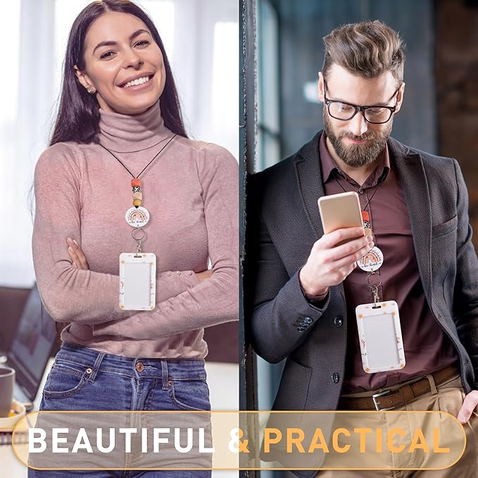 Teacher Lanyard with ID Holder, Boho Rainbow Sun Print Be Kind Cute Badge Holder with Beaded Adjustable Lanyard, Gifts for Teachers Students