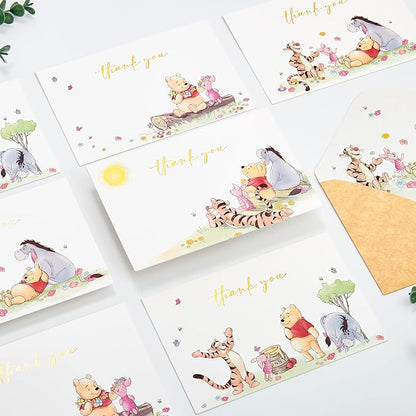 Crisky Gold Foil Winnie the Pooh Thank You Cards with Envelopes and Stickers, 50 Pack Animal Thank You Cards for Baby Showers, Birthdays, Friendsgiving