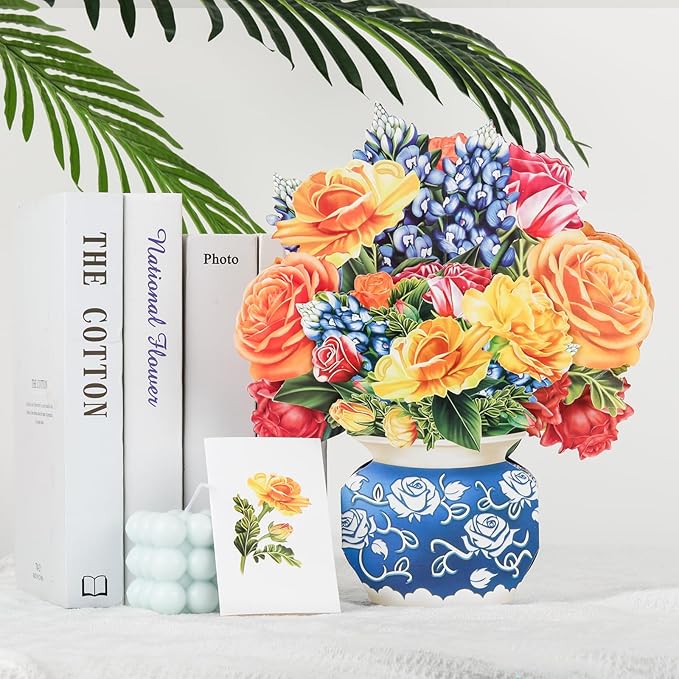 Pop Up Cards,Yellow Orange Roses,12 Inch Forever Flower Bouquet 3D Popup Greeting Cards With Blank Note Card and Envelope,Perfect For Birthday, Christmas, Thanksgiving Day,Mother's Day Gifts