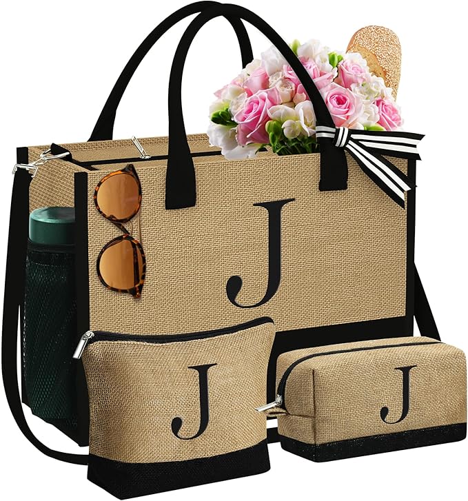 YOOLIFE Christmas Gifts for Women - Initial Jute Tote Bag & 2 Makeup Bags Birthday Gifts for Women Mom Teacher Friend Sister