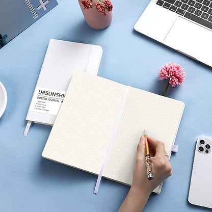 Dotted Journal/Notebook - Dot Grid Hard Cover Notebook, Premium Thick Paper with Fine Inner Pocket, Black Smooth Faux Leather, Pen Loop, 5.3'' x 8.26'' - White