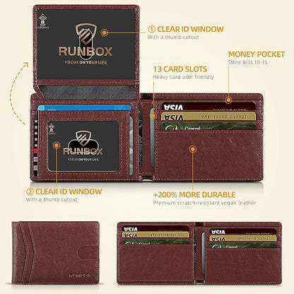 RUNBOX Wallet for Men Slim Rfid Leather 2 ID Window With Gift Box