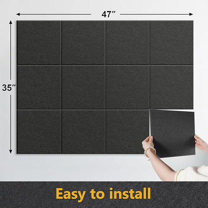 Large Cork Board Alternative - 12 Pack Felt Wall Tiles Office Decor Bulletin Board Cork Boards for Walls, Black Cork Board for Office Pin Board with Safe Adhesive for Office/Home/School