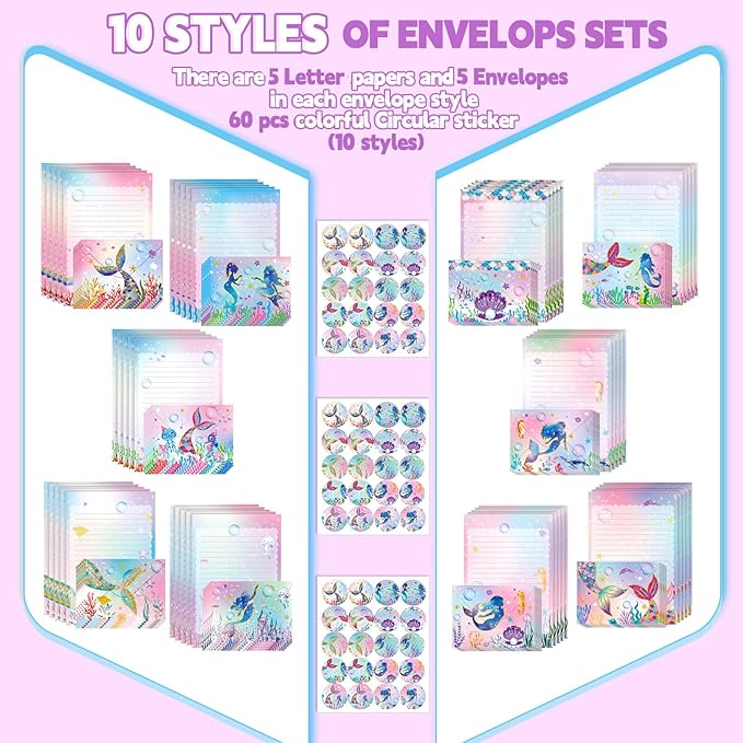 TaoBary 160 Packs Stationery Paper Set (50 Double Sided Stationery Writing Papers 50 Matching Envelopes) 60 Round Dot Sticker, 10 Design(Mermaid,5.5 x 8.25 Inch)
