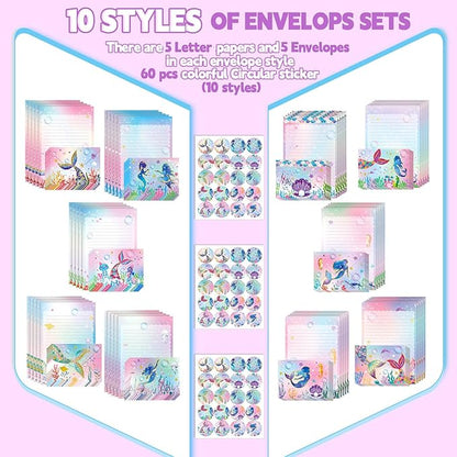 TaoBary 160 Packs Stationery Paper Set (50 Double Sided Stationery Writing Papers 50 Matching Envelopes) 60 Round Dot Sticker, 10 Design(Mermaid,5.5 x 8.25 Inch)