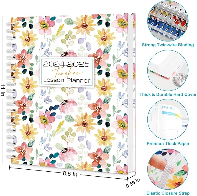 Teacher Planner 2024-2025, Weekly and Monthly Planners 2024-2025 for Women & Men in Aug.2024 - Jul.2025, 8.5"x 11" Marked Tabs, Hardcover with Elastic Closure, Back Pocket, Twin-Wire Binding (Flower)