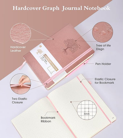 Graph Paper Notebook Journal, 360 Numbered Pages Grid Notebooks 8.5 x 11, Thick 100gsm Paper Graphing Journals for Women Men, A4 Large Hardcover Graph Leather Journals for Writing Pink