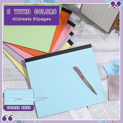 Lincia 6 Pcs 11" x 9.5" Legal Pads College Ruled Notepad Landscape Notebook Horizontal Lined Notebook 80 Gsm Assorted Colors Paper Pastel Writing Pads for School Office, 40 Sheet (Bright Color)