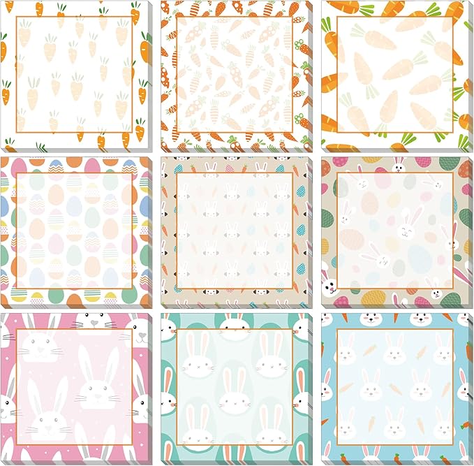 9 Pieces Easter Sticky Notes Self-Adhesive Easter Rabbit Carrot Note Pads Sticky Memo Notes for School Office Home Supplies Students Teachers Present, 9 Styles