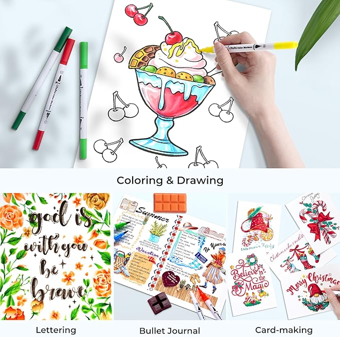 Ohuhu Markers for Adult Coloring Books No Bleeding 100 Colors Coloring Markers Water-based Dual Tips Fineliner & Brush Drawing Pens Art Markers for Kids Adults Sketch Journal - Maui - White