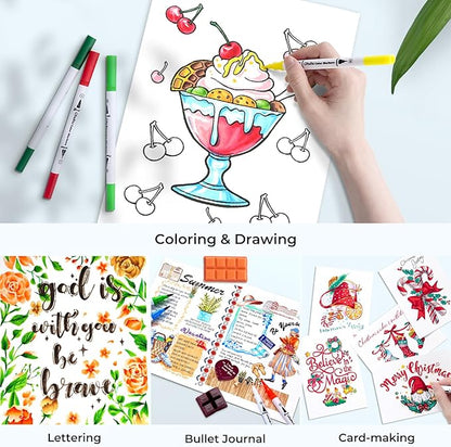 Ohuhu Markers for Adult Coloring Books No Bleeding 100 Colors Coloring Markers Water-based Dual Tips Fineliner & Brush Drawing Pens Art Markers for Kids Adults Sketch Journal - Maui - White