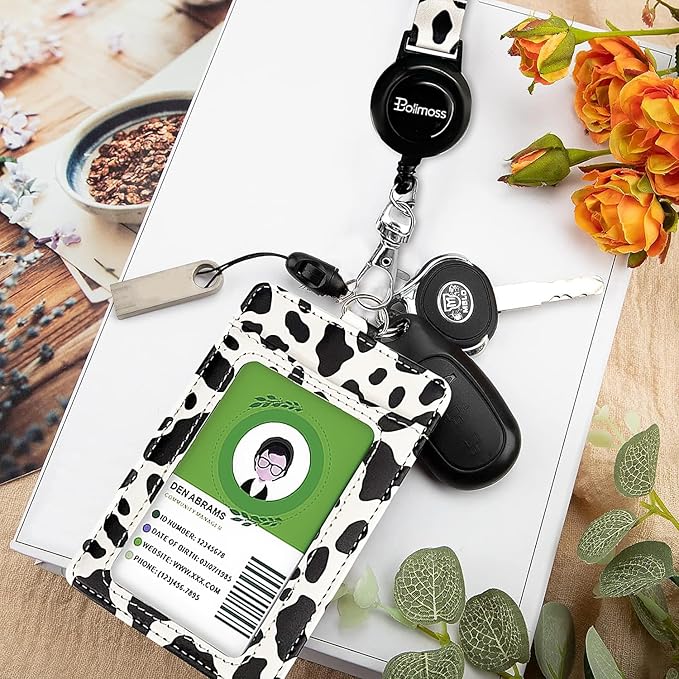 bolimoss Cow Print Lanyards for ID Badges Holder, Leather ID Name Badge Card Holder with Adjustable Retractable Lanyard,Quick Release Buckle & Safety Breakaway Lanyards with Swivel Metal Clasp