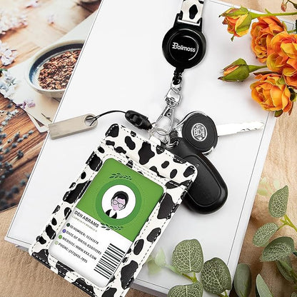 bolimoss Cow Print Lanyards for ID Badges Holder, Leather ID Name Badge Card Holder with Adjustable Retractable Lanyard,Quick Release Buckle & Safety Breakaway Lanyards with Swivel Metal Clasp