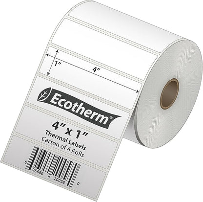 4" x 1" Thermal Labels | 4 Rolls | 5360 Labels | fits Zebra, Munbyn, Rollo, Godex, Arkscan, iDPRT, Offnova Thermal Label Printers and More | Blank White Adhesive Stickers by Ecotherm