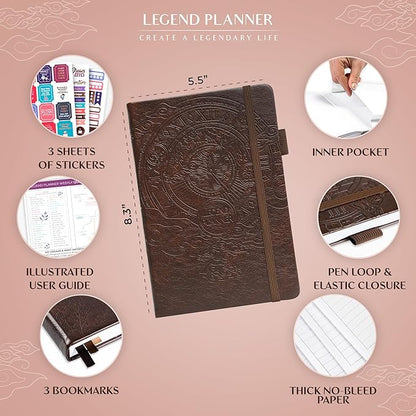 Legend Planner – Weekly & Monthly Life Planner to Hit Your Goals & Live Happier. Organizer Notebook & Productivity Journal. A5 (Dark Brown)