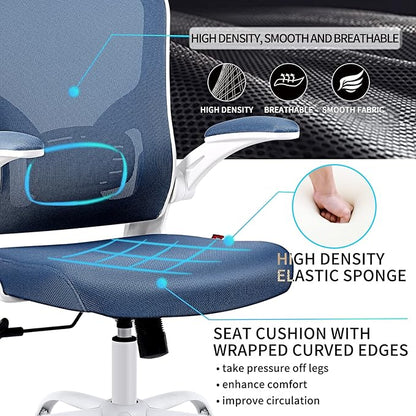 Flysky Ergonomic Office Desk Chair Breathable Mesh Swivel Computer Chair, Lumbar Back Support Task Chair, Office Chairs with Wheels and Flip-up Arms, Adjustable Height(White & Blue)
