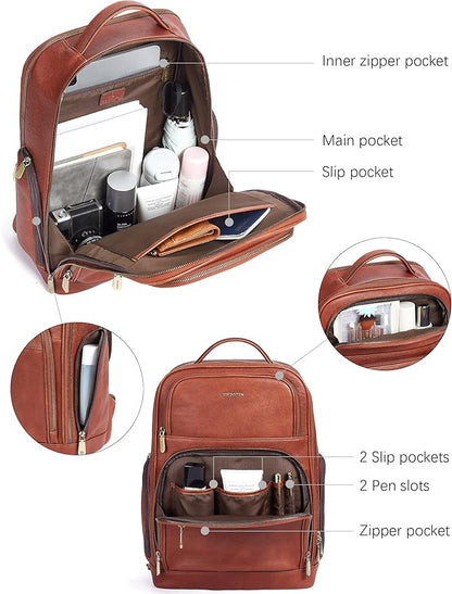 BOSTANTEN Leather Backpacks College 15.6” Laptop Travel Computer Shoulder Backpack For Men Coffeebrown